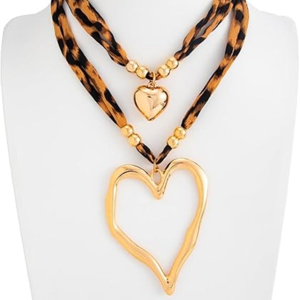 2 Pc Choker Necklace Set Chunky Heart Statement Necklace Leopard Print